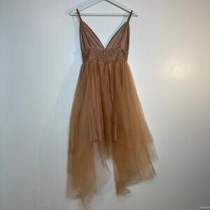 Boho Tulle Dress Brown Tan Lace Midi Asymmetrical Hem 25” Waist XS-S